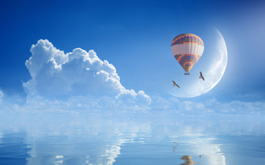 Dream come true concept - hot air balloon in blue sky - obrazy, fototapety, plakaty