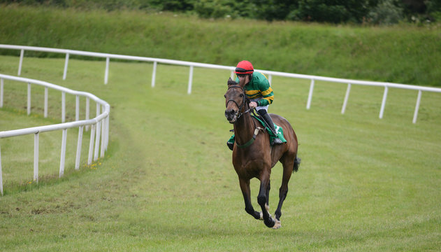 Lone race horse and jockey running on the race track