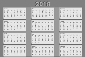 Calendar 2018 year simple style on gray background ( week starts on Sunday). 