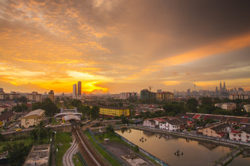 Panorama of Kuala Lumpur at sunset. Malaysia. Low light and vibrance color.