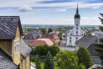 Summer View of Javornik Town from Jansky Hill (Jansky Vrch) Castle, Olomouc Region, Czech Republic.
