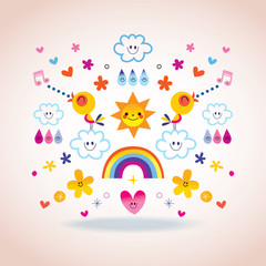 sun clouds rainbow birds raindrops flowers nature composition