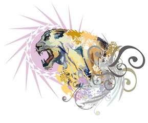 Aggressive colorful lioness splashes. Grunge lioness head against the background of a star with decorative floral elements