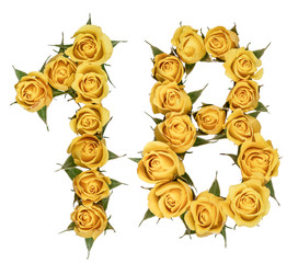 Arabic numeral 18, eighteen, from yellow flowers of rose, isolated on white background