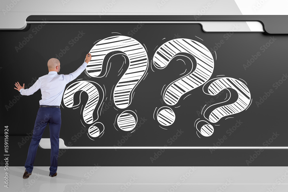 Poster businessman drawing a question mark sketch on a board 3d rendering