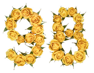 Arabic numeral 98, ninety eight, from yellow flowers of rose, isolated on white background