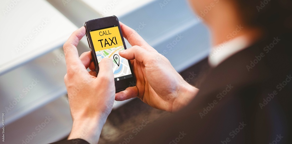 Poster composite image of vector image of call taxi text with map