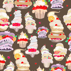 Vector Pattern. Illustration of fantastic pastries on a gray-brown background