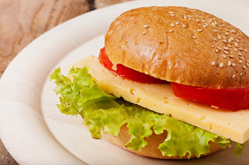 Sandwich with cheese, green salad and tomato.