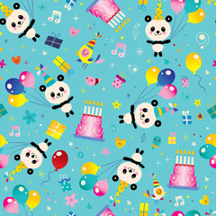 Happy Birthday kids seamless pattern with cute panda bears, balloons, birthday cakes