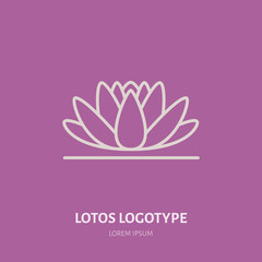 Alternative medicine flat line icon, logo. Vector illustration of lotos flower for traditional treatment, ayurveda, massage or yoga center.