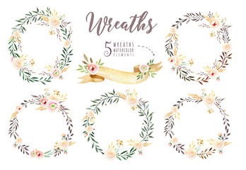 Hand drawing isolated boho watercolor floral illustration with leaves, branches, flowers. Bohemian greenery art in vintage style. Elements for wedding card.