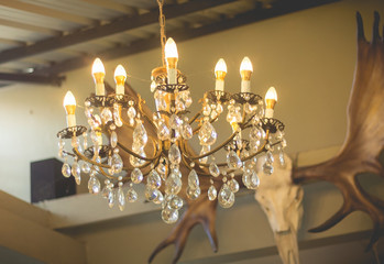 Home interiors Chandelier on ceiling. Vintage luxury chandelier for home decoration