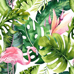 Fototapety  Tropikalny na białym tle wzór z flamingo. Akwarela zwrotnikowy rysunek, róża ptak i palma zieleni, zwrotnik zielony tekstura, egzotyczny kwiat. Zestaw Aloha