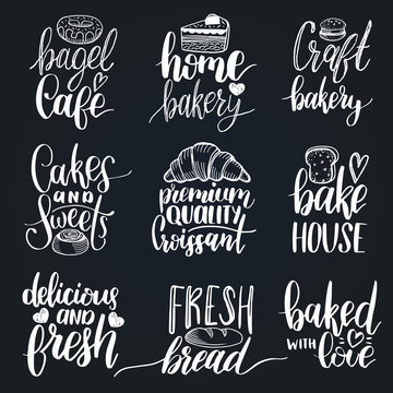 Vector set of vintage bakery hand lettering.Calligraphy collection with cookie Illustrations for print and web projects.