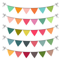 Set of multi colored flat buntings garlands, triangle flags. Celebration decor for greeting cards