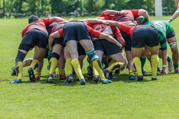 Rugby players in scrum, team sport