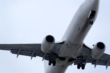 The underside of a modern airplane and its landing gear