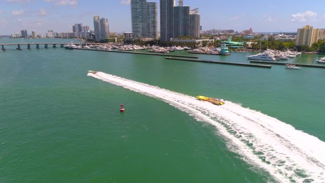 Aerial drone Slow motion speed boat Miami Beach Marina