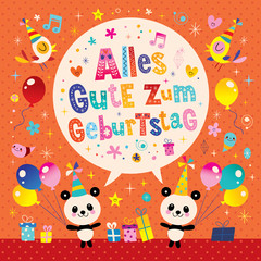 Fototapeta na wymiar Alles Gute zum Geburtstag Deutsch German Happy birthday greeting card with cute panda bears