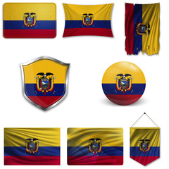 Set of the national flag of Ecuador in different designs on a white background. Realistic vector illustration.