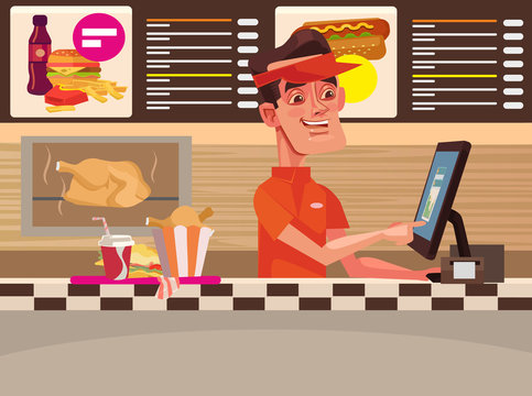 Fast food cafe. Happy smiling cashier man character. Vector flat cartoon illustration