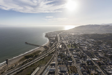 Aerial view of downtown Ventura and the Pacific coast in Southern California.