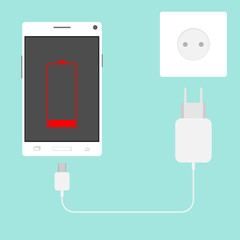 The mobile phone is charging from the outlet