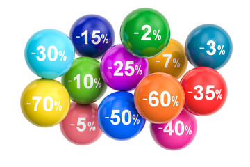 Sale and discount concept with colored balls. 3D rendering