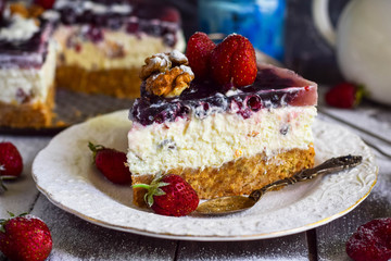 Curd cake with jelly and berries