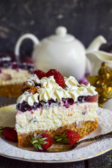 Curd cake with jelly and berries