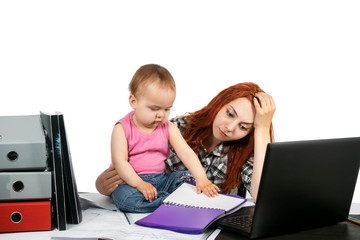 Lovely young working mother and her baby, Work Life Balance Concept, Isolated on White Background