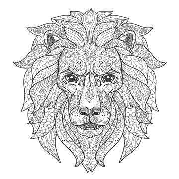 Lion head page for adult coloring book. Black and white silhouette with doodle ornament isolated on white.