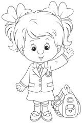 Little schoolgirl smiling, standing with her schoolbag and waving in greeting