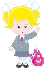 Little schoolgirl smiling, standing with her schoolbag and waving in greeting
