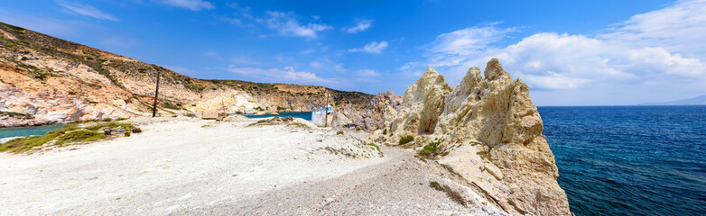 Fototapeta na wymiar Panoramic view of the Firopotamos Bay with amazing rock formations. Milos, Cyclades Islands, Greece