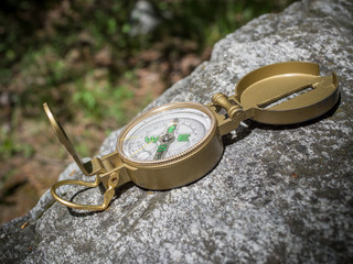 The compass lies on a stone in the forest