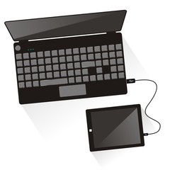 Laptop connected to tablet. Top view. Communication technology. Vector illustration. Long shadow.