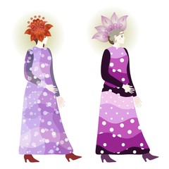 Vintage fashion girls in polka dot dresses and floral paisley hats. Vector design.