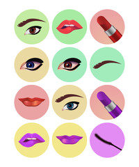 Set of makeup eyes lipstick vector icons isolate