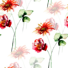 Seamless pattern with Poppy and Gerbera flowers
