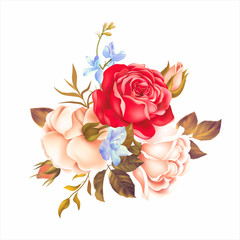 Fototapety  Bukiet z białych i czerwonych róż na białym tle. Ilustracja wektorowa.