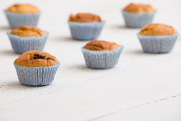 Closeup of homemade vanilla muffins in blue paper cups on white wooden background. Healthy snack.