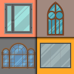 Different types house windows elements flat style frames construction decoration apartment vector illustration.