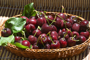 Fresh and ripe cherry berries in a wooden wicker basket