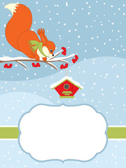 Fototapeta na wymiar Vector Christmas and New Year Card Template with a Cute Squirrel Sitting on the Branch and a Birdhouse on Snow Background.