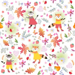 Cute ditsy floral background with little funny kittens and foxes. Picture for pattern.children. Seamless vector