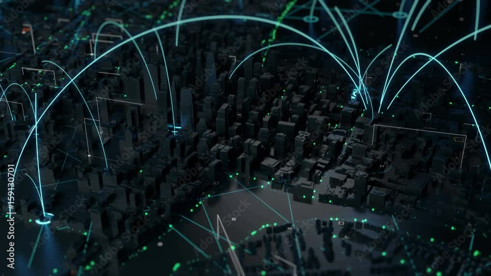 Poster 3d render of digital city. abstract urban background. skyscrapers and small towns with wireframe det