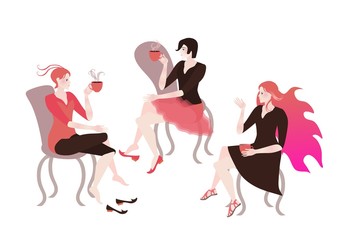 Three best friends in cafe talking, drinking tea. Vector illustration.