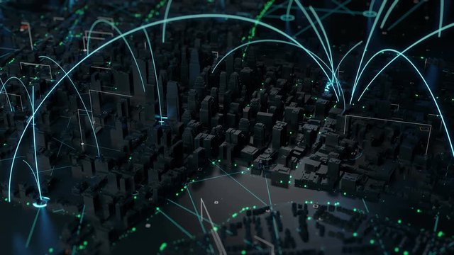 
3d render of digital city. Abstract urban background. Skyscrapers and small towns with wireframe details and tech connection lines. Loopable sequence of panning camera move. Loopable sequence.